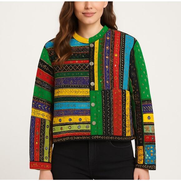 Chico’s Colorful Embroidered Boho Mirror Jacket Multicolor Size Large - Picture 1 of 14